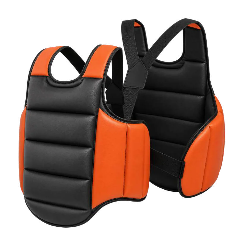 Deux plastrons rembourrés noirs avec côtés orange et bretelles noires réglables