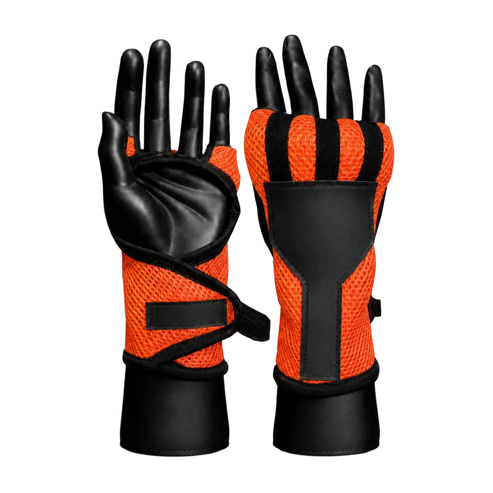 Paire de sous-gants (easy wraps) en maille orange avec panneaux rembourrés noirs et sangles de poignet Velcro